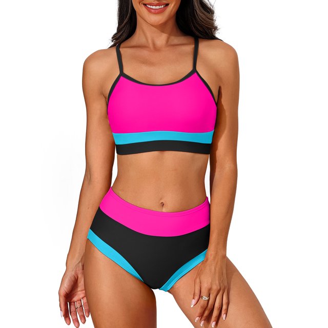 Scoop Neck Bikini Sets for Womens Adjustable Straps Bathing Suit High Waisted Two Piece Swimsuit