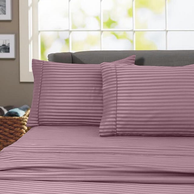 Ensemble de Draps à Rayures 600 Fils 100 % Coton Infroissable (Très Grand, Violet)