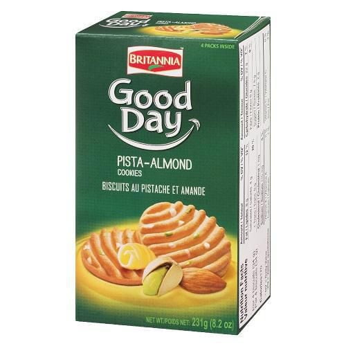 Britannia Goodday Pista Badam 231 G box of premium pistachio and almond cookies with a green background, showing the brand logo, product name, and an image of golden-brown cookies with visible nuts, suitable for tea-time snacking.