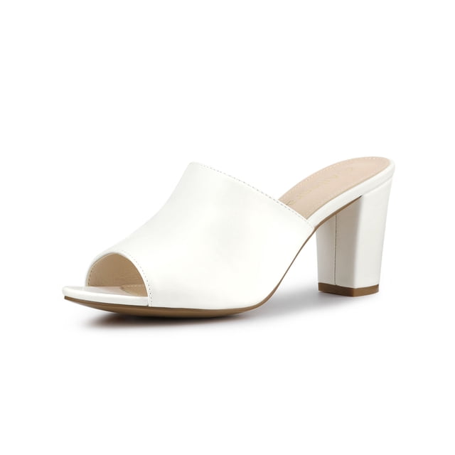BLISSFUL STEP Women's Slip on Block Heel Slide Sandals Mules in white, size 8. These sandals feature a faux leather vamp, a 3-inch block heel, and an open-toe design. The slip-on style ensures convenience, while the rubber outsole and ABS heel provide durability. Ideal for pairing with jeans, skirts, or dresses for work, shopping, or casual outings.
