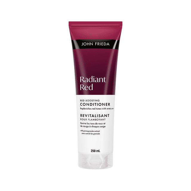 John Frieda Radiant Red Red Revitalisant Rehausseur 250 ml en tube avec Motif Bordeaux et Blanc, Formulé avec Extrait de Grenade et Vitamine E pour Régénérer les Tons Rouges et Protéger les Cheveux Rouges Traités par la Couleur, Convient au Maintien de Teintes Rouges Naturelles Vibrantes.