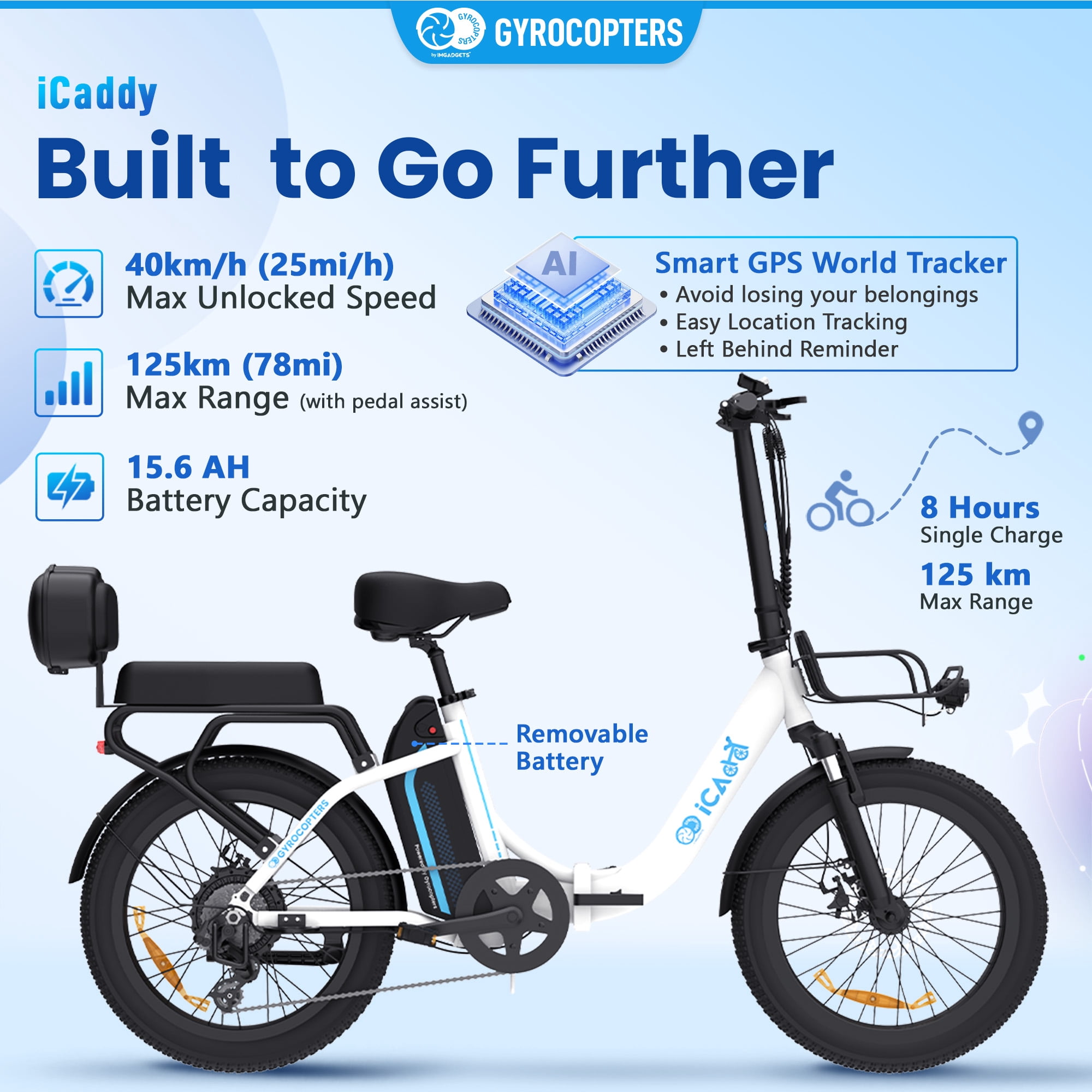 Gyrocopters iCaddy Foldable Electric Bike | UL 2849 | 15.6AH