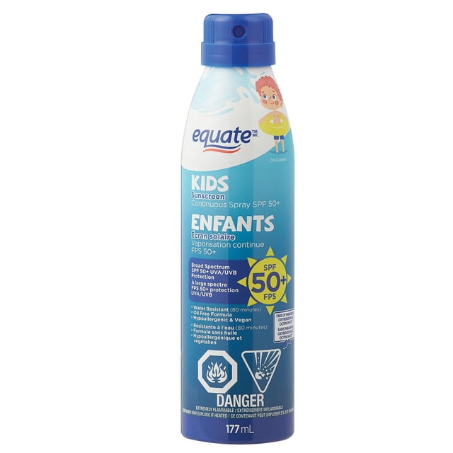 Equate Kids SPF 50+ Continuous Spray Sunscreen in a 177 mL blue and white spray bottle with a blue cap, featuring child-friendly design, broad spectrum UVA/UVB protection, water resistant for 80 minutes, oil free, hypoallergenic, and vegan formula, with flammable hazard warnings.