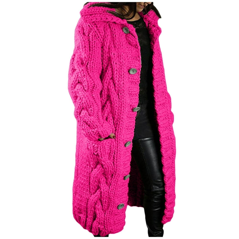 Women‘s Long Large Classic Cardigans Cable Knit Hood Sweater Oversized Button Duster Coat with Pocket 2024