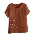 thumbnail image 3 of Pisexur Hauts pour Femmes Décontractés en Lin Col Rond Grande Taille Imprimé Manches Courtes T-shirt Blouse, Hauts d'Été pour Femmes Café,L, 3 of 4