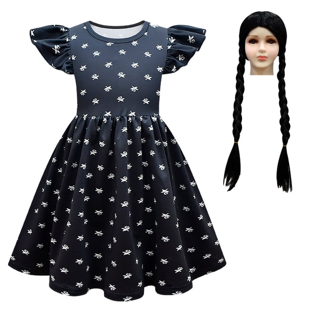 HAWEE Costume de Wednesday Addams pour Filles, Costumes d'Halloween, Robe avec Perruque, Sac