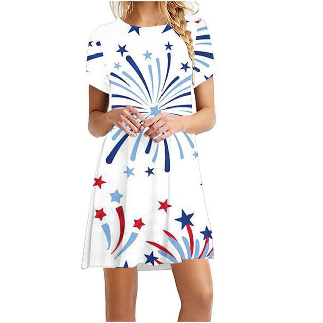 LNGOOR Robes d'Été de Jour de l'Indépendance pour les Femmes à Manches Courtes Étoiles Rayures Imprimées Casual Col Rond une-Ligne Mini Robe