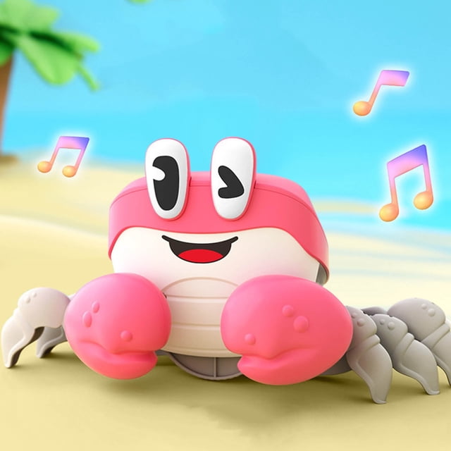 Zanvin Crawling Crab Infant Toy featuring a bright pink and white crab design with playful eyes and a smiling face. The toy is interactive, offering moving, walking, and dancing motions, along with lively music and colorful flashing lights. Designed for babies aged 6 months and older, it promotes sensory engagement, gross motor skills, and early crawling abilities. Made from durable ABS plastic with a smooth, rounded design for safety. Ideal as a gift for birthdays, holidays, or special occasions.
