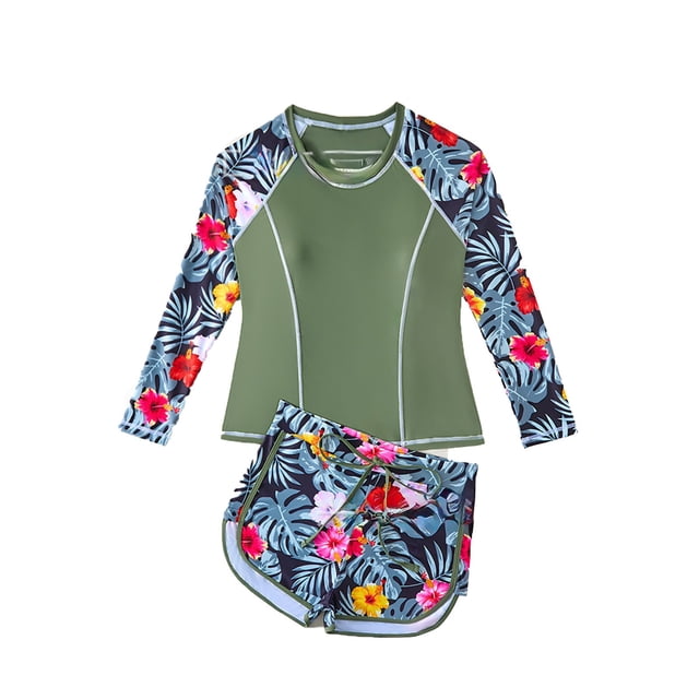 MIASHUI Girls Bathing Suits Long Sleeves Rash Guard Athletic Swim Shorts Sets Swimsuit,Army Green,12-13 Years