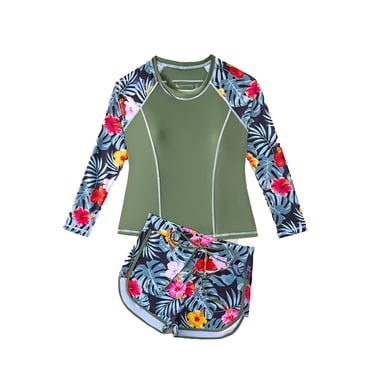PMVFHDE Girls UPF 50+ Two-Piece Swim Set | Long Sleeve Rash Guard with Print Shorts | Slim-Fit Swimwear for Swim Training & Daily Use Athletic Swim Army Green,14-15 years