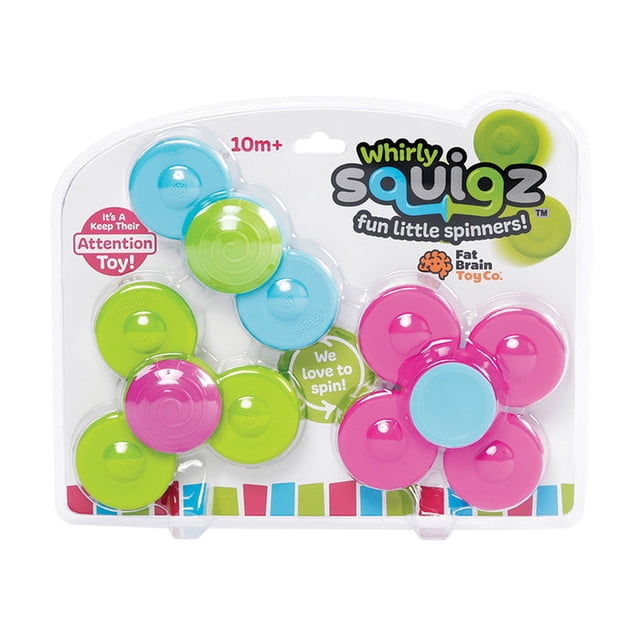 Whirly Squigz spinner toys for babies featuring three colourful silicone spinners in pink, green, and blue, designed for tactile play and sensory exploration. The spinners are displayed in packaging with suction cups for smooth surfaces, ideal for home, travel, and bath time. Made from BPA-free, food-grade silicone.