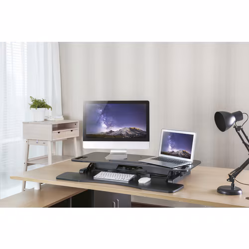 thumbnail image 2 of Amer Mounts Sit/Stand 37.4" Height Adjust Desk - EZRiser36 Height Adjustable Sit/Stand Desk Computer Riser, Dual Monitor Capable, 37.4" wide with Keyboard Tray - Noir Finish, 2 of 4