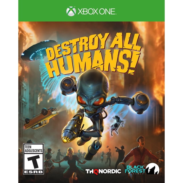 Destroy All Humans! (Xbox One) Couverture de Jeu Mettant en Vedette un Extraterrestre Crypto-137 aux Yeux orange Lumineux et des Armes Futuristes, Survolant une Ville en Feu des Années 1950 avec un Ovni Enlevant une Voiture, Entouré de Humains en Fuite, Mettant l'Accent sur l'Action et le Jeu d'Aventure.