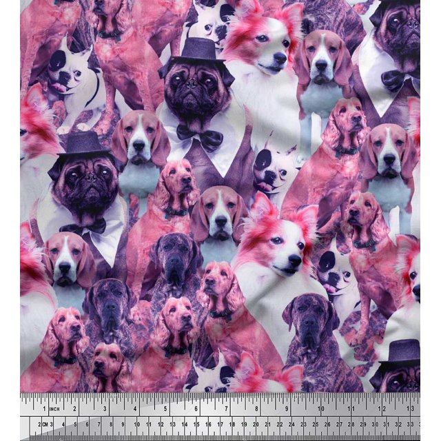 Soimoi Georgette Viscose Fabric Pug,Beagle & English Cocker Spaniel Dog Scene Print Fabric by Yard 42 Inch Wide