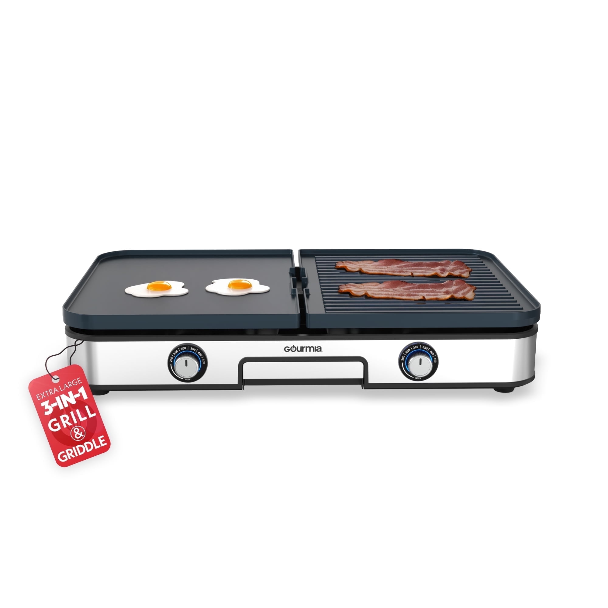 Refurbished Gourmia 28 Inch Ceramic Nonstick Electric Griddle and Grill Combo, Dual Zone Temperature Control, Black, GEG1430