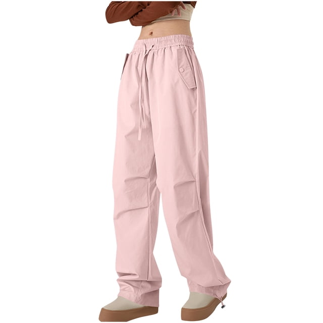 Ohufall Baggy Parachute Pants for Women& Girls Drawstring Elastic High Waist Ruched Cargo Pants Multiple Pockets Jogger Y2K