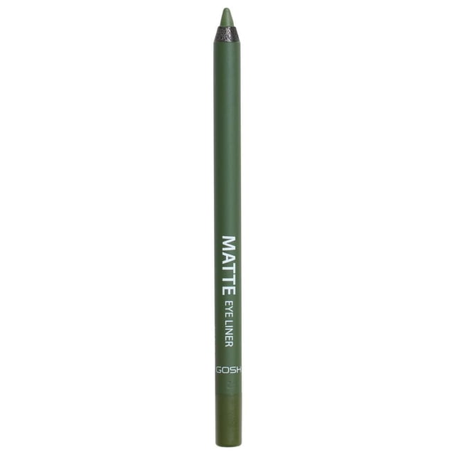 GOSH - Matte Eye Liner - 018 Olive Green, a slim matte pencil eyeliner in olive green with white branding text, allergy certified and vegan, ideal for creating precise, blendable eye makeup looks including smokey eyes.