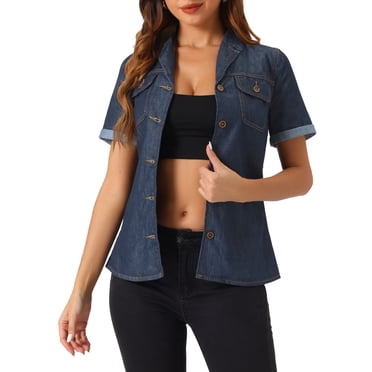 INSPIRE CHIC Veste en Denim pour Femme à Manches Courtes, Chemise en Jean à Col Boutonnée, Hauts S Bleu Foncé