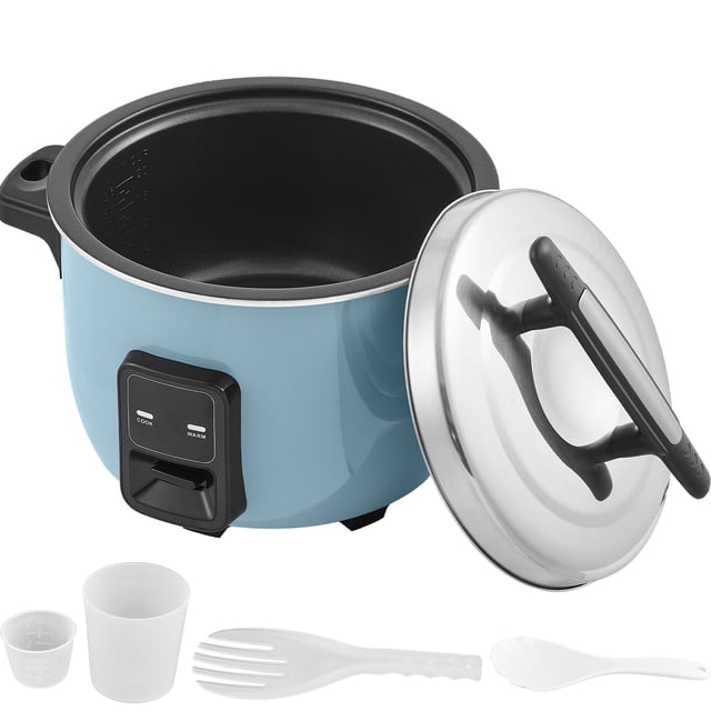 KFFKFF Industrial Rice Steamer, a 60-cup rice preparation device with a 13.74-quart (13-liter) capacity, shown in a front-facing view. The blue exterior features a nonstick interior container and a stainless steel lid with an insulated handle. Included accessories, such as a rice paddle, slotted spoon, and measuring cups, are displayed in the foreground. Designed for commercial and large-scale use, it offers one-touch operation, a keep-warm function, and a durable aluminum pot with a non-stick Teflon coating.