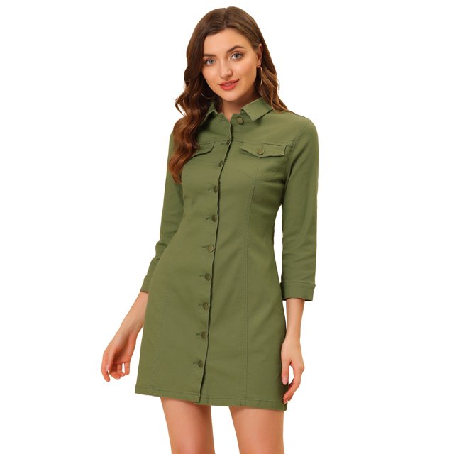 INSPIRE CHIC Robe en Denim pour Femme Manches 3/4 Boutonnée Mini Robe Chemise en Jean S Vert Olive