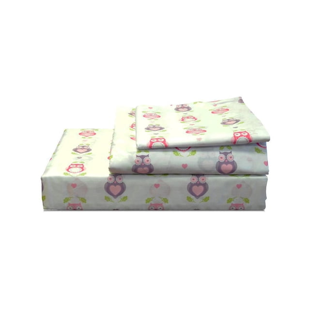 Johnson Home 200 TC Bed Sheet Set with printed cotton sheets featuring pink and purple owl patterns with heart shapes on a white background, folded to display fitted sheet, flat sheet, and pillowcase, offering breathable softness ideal for bedroom use.