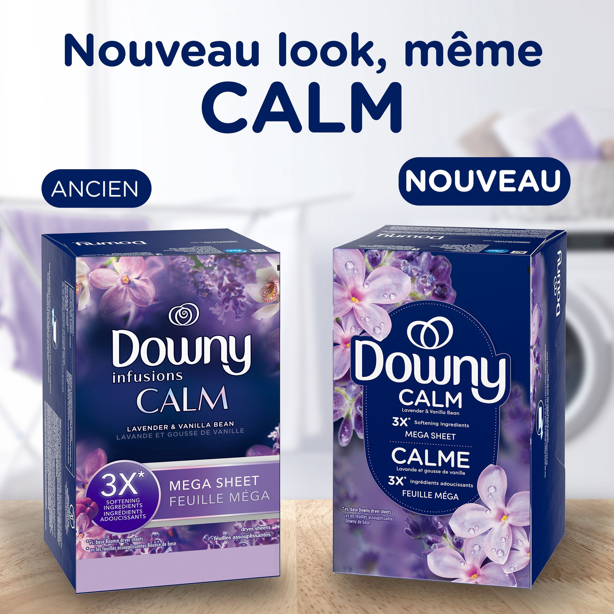 Downy Calme, Feuilles Assouplissantes Méga pour Sécheuse, Assouplissant pour la Lessive, Lavande et Gousse de Vanille 120CT