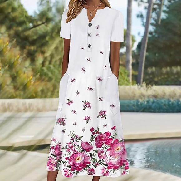 Pisexur Short Sleeve V-Neck Knee-High Dress Fashion Women Summer Printing Causal V-Neck Button Short Sleeve Vacation Pockets Dress Women Dress