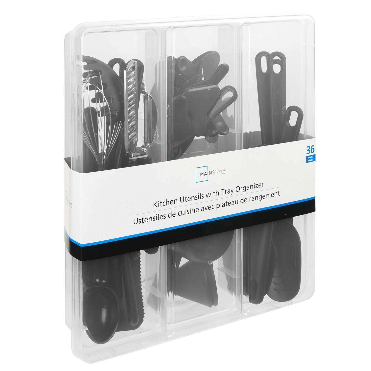 Ensemble 36 pc d'ustensiles pour cuisine Mainstays avec plateau de rangement, noir et transparent
