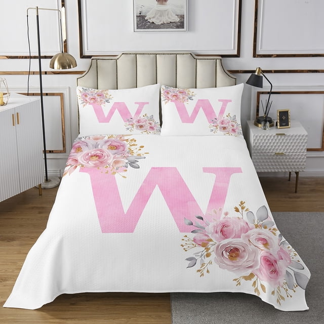 Erosebridal Courtepointe Rêveuse Initiale A-Z Ensemble Jumeau, Lettre Initiale W 02, Déco Rose Rose