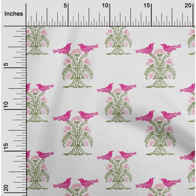 oneOone Cotton Cambric Fabric Bird & Tree Block Printed Fabric 1 Yard 56 Inch Wide