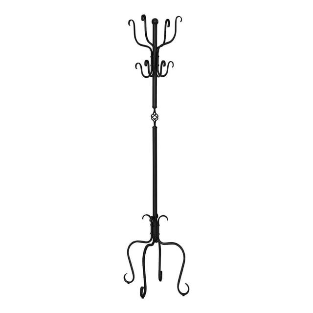 Monarch Specialties Coat Rack, Hall Tree, Free Standing, 8 Hooks, Entryway, 74"h, Bedroom, Metal, Black, transitional black metal coat rack standing 74 inches tall with 8 curved hooks arranged in two tiers and a stable curved base with four legs, ideal for organizing coats, hats, scarves, and accessories in entryways or bedrooms, also suitable for hanging bags or umbrellas.