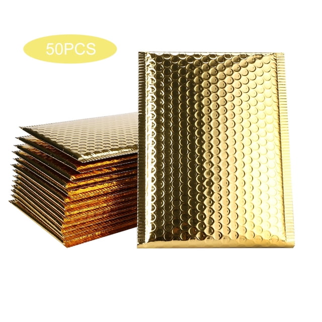 50PCS Golden Padded Mailers Self Seal Envelopes, Heavy Duty Tear Resistant Poly Mailers for Shipping, Lined Aluminizer Protective Packaging for Jewelry Cosmetics Artwork