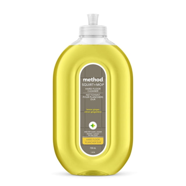 Method Squirt + Mop Hard Floor Cleaner, Lemon Ginger, 739 ml clear oval bottle with ergonomic nozzle spray and yellow liquid, biodegradable plant-based formula for one-step cleaning and gleaming of linoleum, vinyl, laminate, and tile floors.