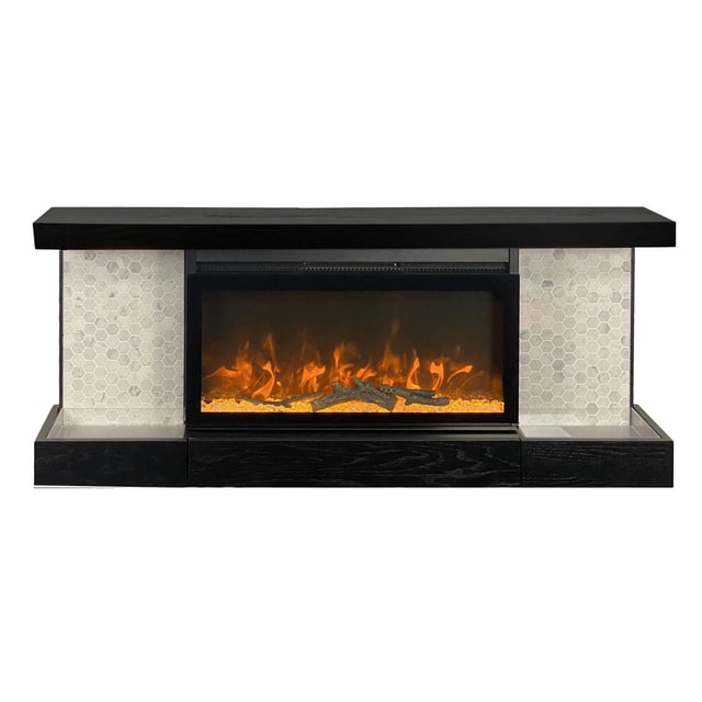 ActiveFlame Home Décor Series Fireplace Floating Mantel Shelf with Lighting, Hexagon Tile, a wall-mounted electric fireplace with black wood grain mantel, white hexagon mosaic tile accents, and an LED flame display with adjustable orange flames and decorative logs, suitable for compact modern interiors.