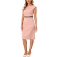 thumbnail image 4 of INSPIRE CHIC Robe de Travail pour Femme à Col Rond, Manches Cap, Ceinturée, Fourreau, Midi, Rose, P, 4 of 5
