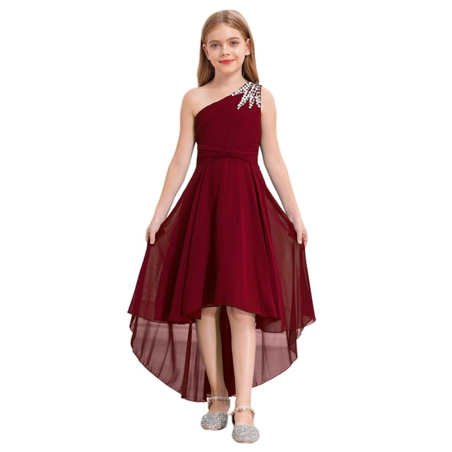 Manyakai Robe à une Épaule pour Filles, Ourlet Haut-Bas, Robe de Princesse à Volants, Taille Haute, Robe de Danse de Soirée Bourgogne 10