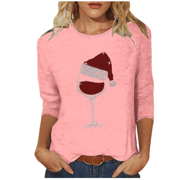 BLVB T-Shirts à Col Rond à Manches 3/4 pour Femmes de Noël, T-Shirt Graphique avec Bonnet Rouge, Hauts, Hauts Assortis pour Fêtes Familiales d'Hiver