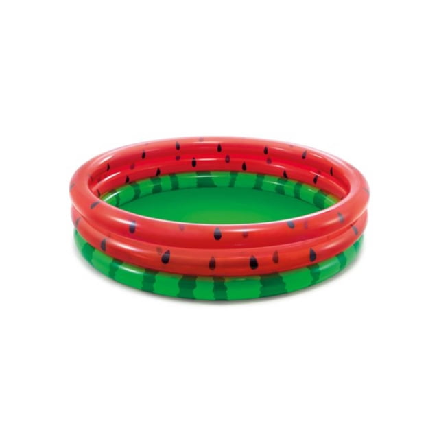 Intex Watermelon Pool, a round inflatable outdoor pool with three rings; the top two rings are red with black seed patterns, and the bottom ring and floor are green with darker stripes, measuring 66 inches wide and 15 inches high, designed for kids aged 2+, often used as a backyard splash pool or water play toy.