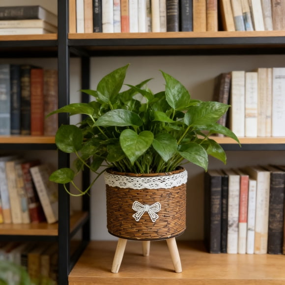 Noehoiugi Woven Rattan Woven Plant Pot On Wooden Standing Legs,Round Floor Rattan Plant Stand Holder,Wicker Plant Basket With Stand For Living Room Balcony Home Decor