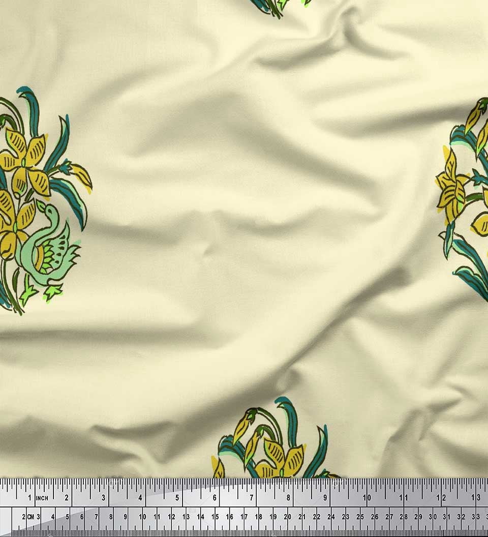 Soimoi Rayon Crepe Fabric Leaves,Duck & Floral Block Decor Fabric Printed Yard 46 Inch Wide