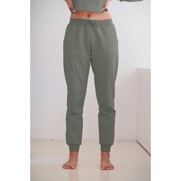 Revive Loungewear Women's High Waisted Joggers Sweatpants with Pockets for Athletic Running Casual Tapered Track Pants for Workout- Khaki, Large
