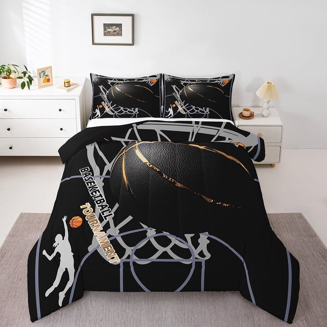 Erosebridal Ensemble de Couette Simple de Basketball, Couette en Duvet Noire et Grise, Décor de Chambre Sportive, Réversible
