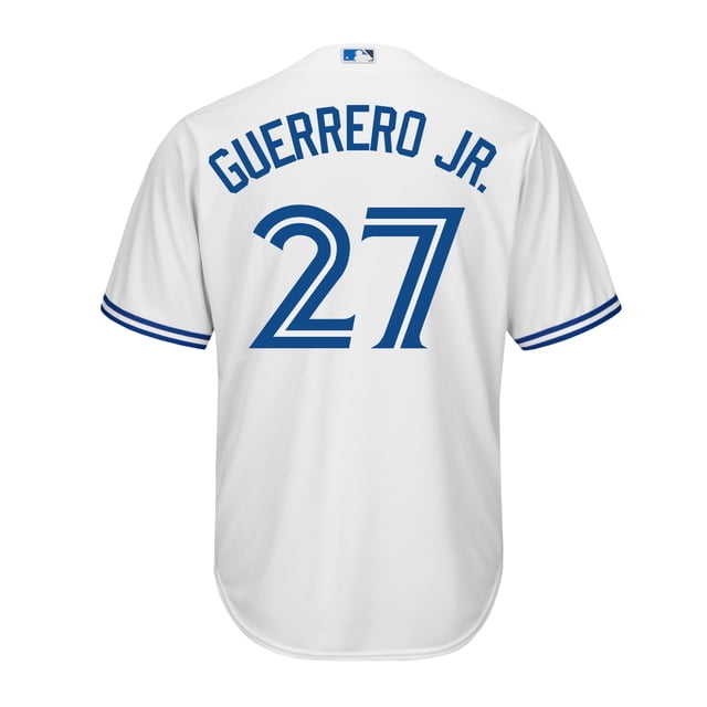 Chandail Réplique de Base Frais pour Hommes Vladimir Guerrero Jr. Blue Jays de Toronto MLB à Boutons devant Col en V Réplique avec Sergé de tackle Brodé Nom et Numéro, Écusson MLB à l'Arrière du Cou et logo Majestueux sur la Manche Gauche, Tissu de Base Frais Évacuant l'Humidité pour une Coupe Légère et Respirante; Convient pour Porter un Jour de Match Ou comme Présentoir de fan.