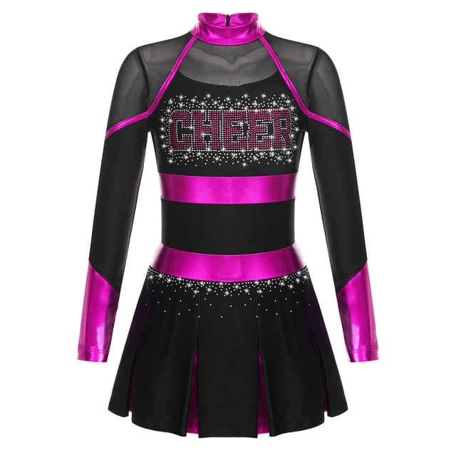 Lejafay Robe de Danse de Cheerleading Ballet pour Filles Uniforme Scolaire Robe Plissée à Manches Longues Tenues d'Halloween Noir&Rose Vif 6