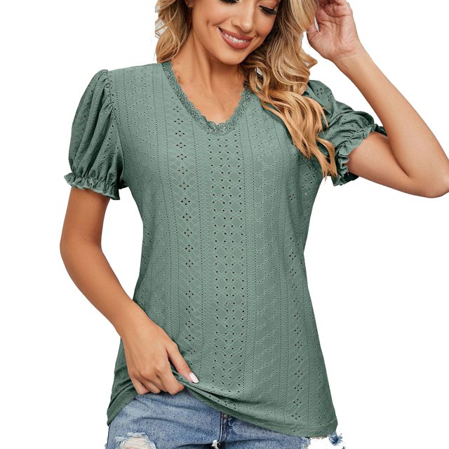 Birdeem Womens V- Neck Solid Color Lace Panel Cut-Out Short Sleeve Short Tops