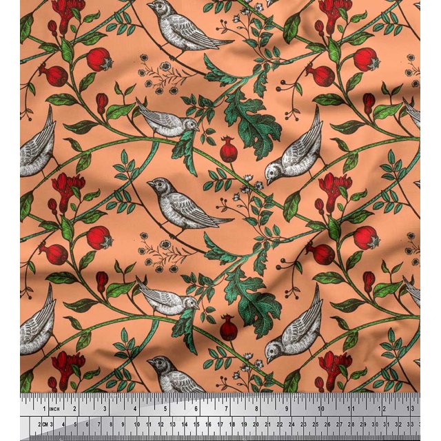 Soimoi Rayon Fabric Bird & Leaf Bird Print Sewing Fabric Yard 56 Inch Wide