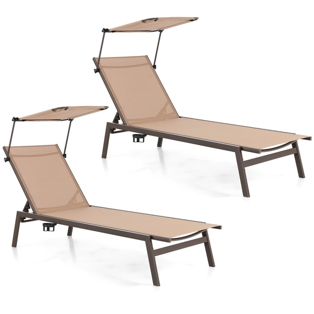 Costway Lot de 2 Chaises Longues d'Extérieur avec Pare-Soleil et Fauteuil Inclinable Réglable à 6 Niveaux, Fini Brun. Doté d'Un Siège en Tissu Respirant, Pare-Soleil Ajustable et d'Un Porte-Gobelet Dissimulé. Soutenu par un Cadre Métallique Robuste avec une structure Triangulaire et des Patins Antidérapants pour la Stabilité. Convient aux patios, Jardins, au Bord de la Piscine et aux Cours Arrière.