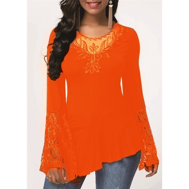 Women's Long-Sleeved Lace Stitching Shirts Round Neck Irregular Blouses Tops