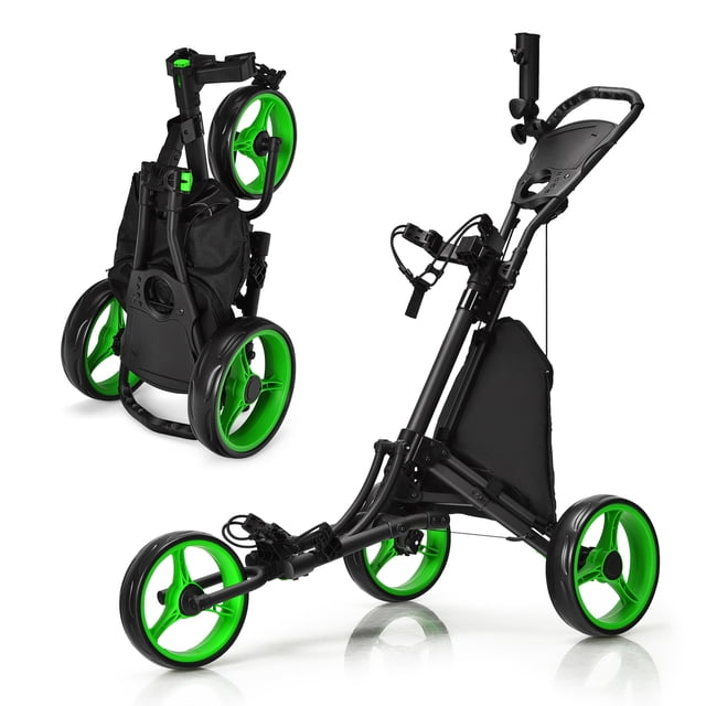 Gymax Chariot de Golf Pliable à 3 Roues Vert avec Poignée Ajustable et Porte-Parapluie, Doté d'Un Cadre en Aluminium Léger, de Roues Recouvertes de Mousse EVA et d'Un Grand Espace de Rangement Comprenant un Sac, un Porte-Gobelet et un Tableau d'Affichage Magnétique. design Compact avec Mécanisme de Pliage à un Clic pour un transport Facile et une Hauteur Ajustable pour les Utilisateurs de Tailles Variables.