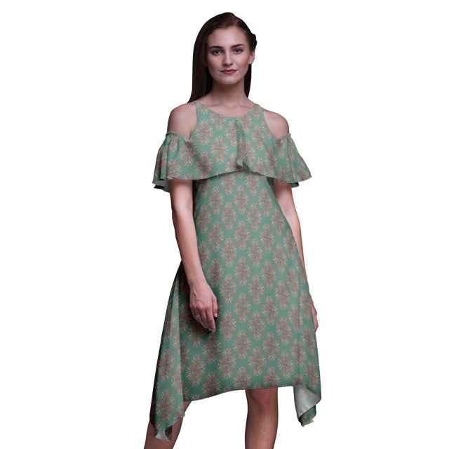 Bimba Robe Droite Évasée à Épaules Dénudées pour Femmes à Volants devant, Imprimé Damassé - Xxx-Grand